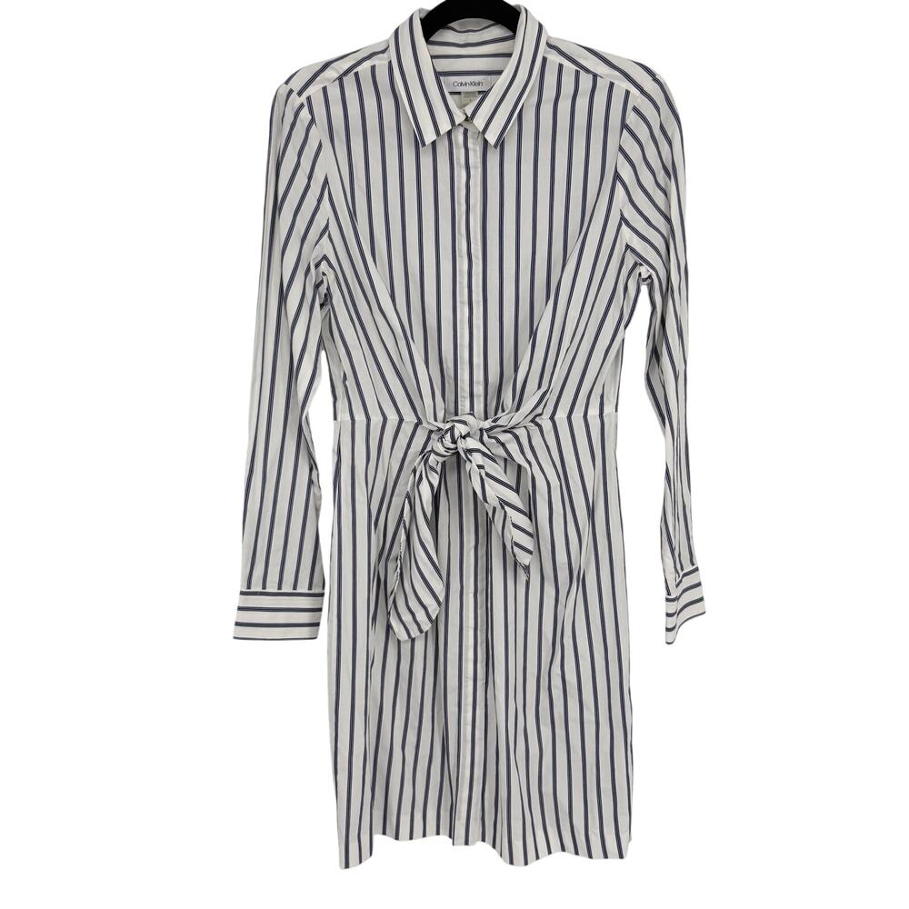 Calvin Klein Striped Shirt Dress 6 Belted Cotton White Blue Coastal Preppy Clean
